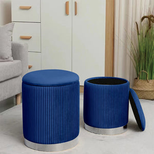 Set 2 Pouf Contenitore Blu Velluto Sgabello Poggiapiedi Rotondo Portata 120kg