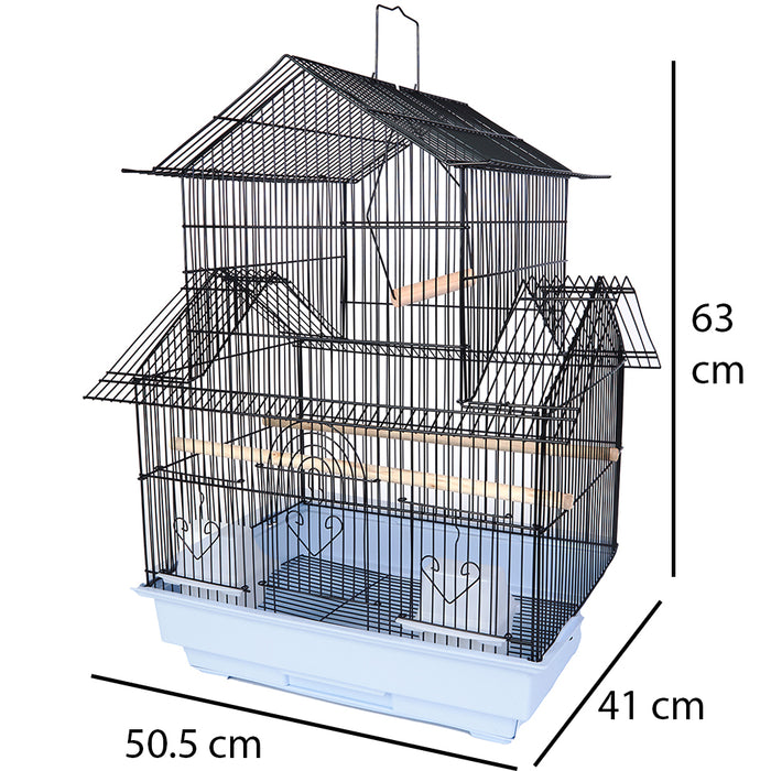 Gabbia Voliera Nera per Uccelli Volatili Pappagalli con Mangiatoie 50.5x41x63cm