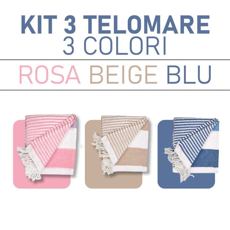 Telo Multiuso 3pz 90x180cm Spiaggia PIC-NIC Cotone Rosa-Blu-Beige