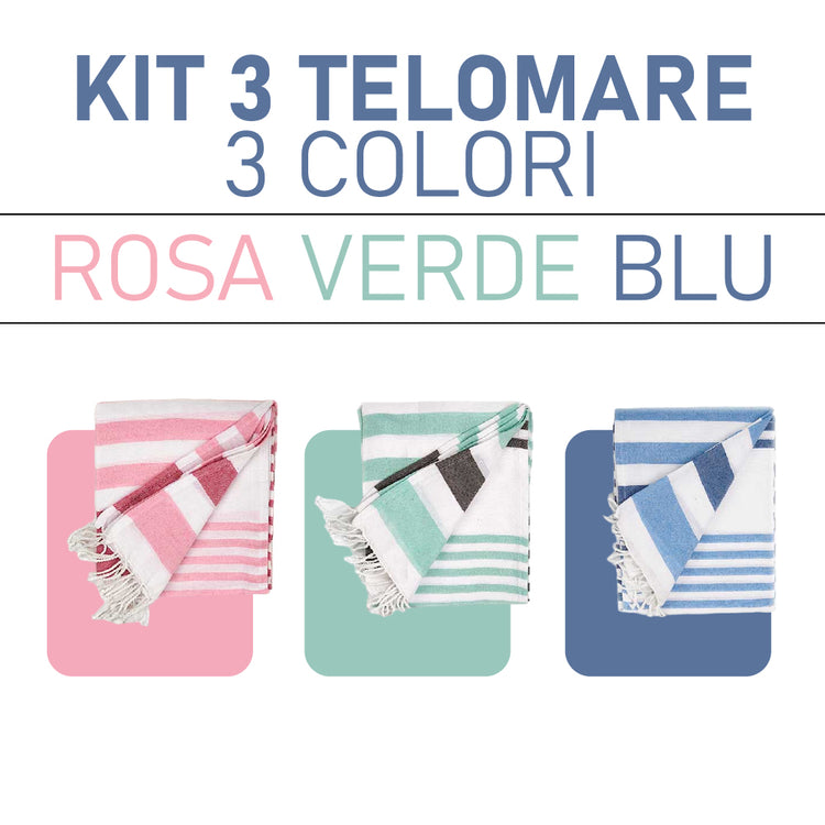 Telo Multiuso 3pz 90x180cm Spiaggia PIC-NIC Cotone Rosa-Verde-Azzurro