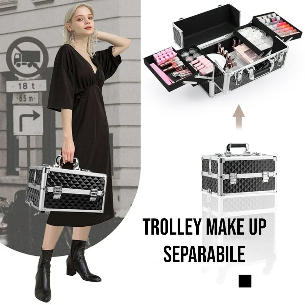 Trolley Makeup 3in1 Valigetta Nera Trucco Estetista Beauty Case Ruote Staccabili