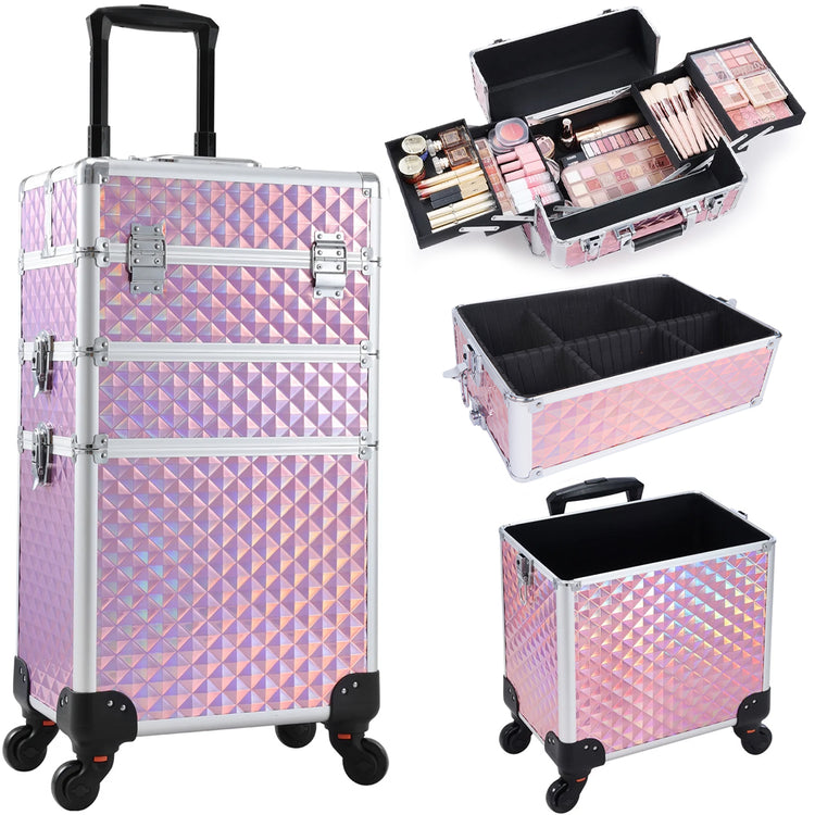 Trolley Makeup 3in1 Valigetta Rosa Trucco Estetista Beauty Case Ruote Staccabili