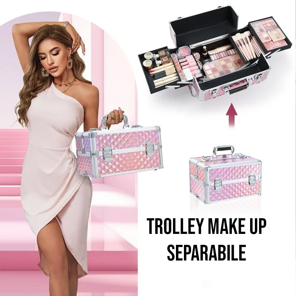 Trolley Makeup 3in1 Valigetta Rosa Trucco Estetista Beauty Case Ruote Staccabili
