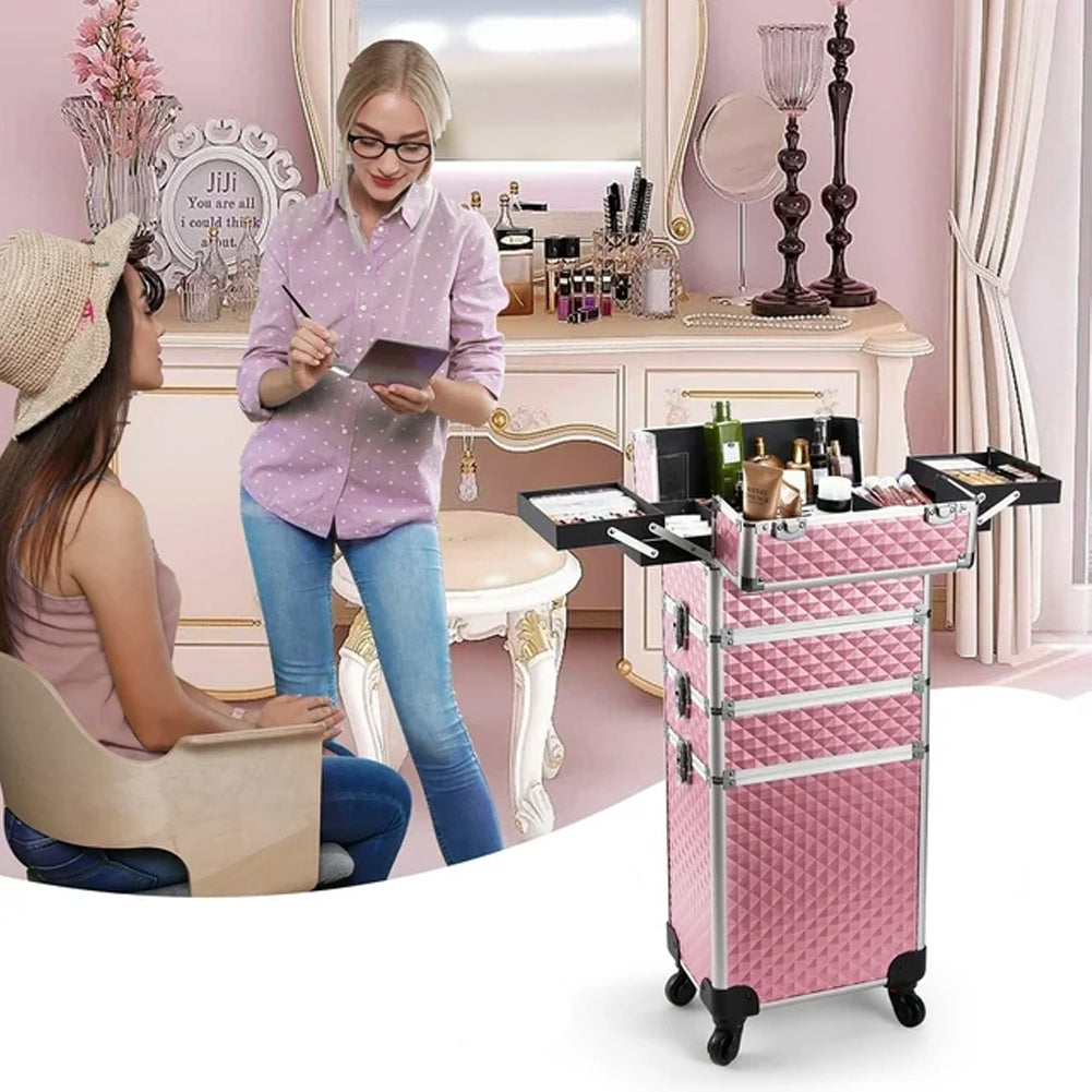 Trolley Makeup 4in1 Valigetta Rosa Trucco Estetista Beauty Case Ruote Staccabili