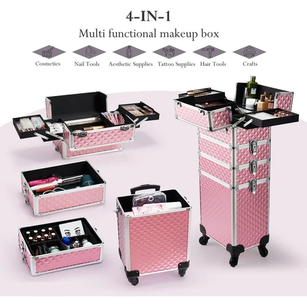 Trolley Makeup 4in1 Valigetta Rosa Trucco Estetista Beauty Case Ruote Staccabili