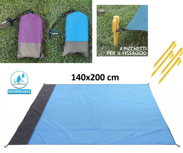 Telo Multiuso Coperta da Spiaggia Anti sabbia Impermeabile Kit da 2pz 140x200 cm Spiaggia, Picnic, Gita, Salvaspazio