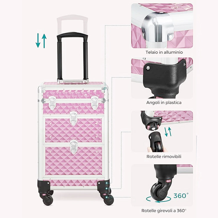 Trolley Makeup in Alluminio Valigetta Trucco Estetista Beauty Case Rosa