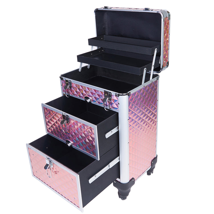 Trolley Makeup in Alluminio Valigetta Trucco Estetista Beauty Case Rosa