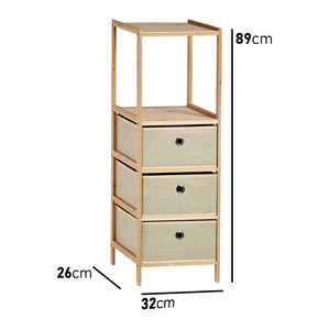 Mobile Scaffale 3 Cassetti Legno e Tela 32 x 26 H 89 cm Casa Bagno Cameretta