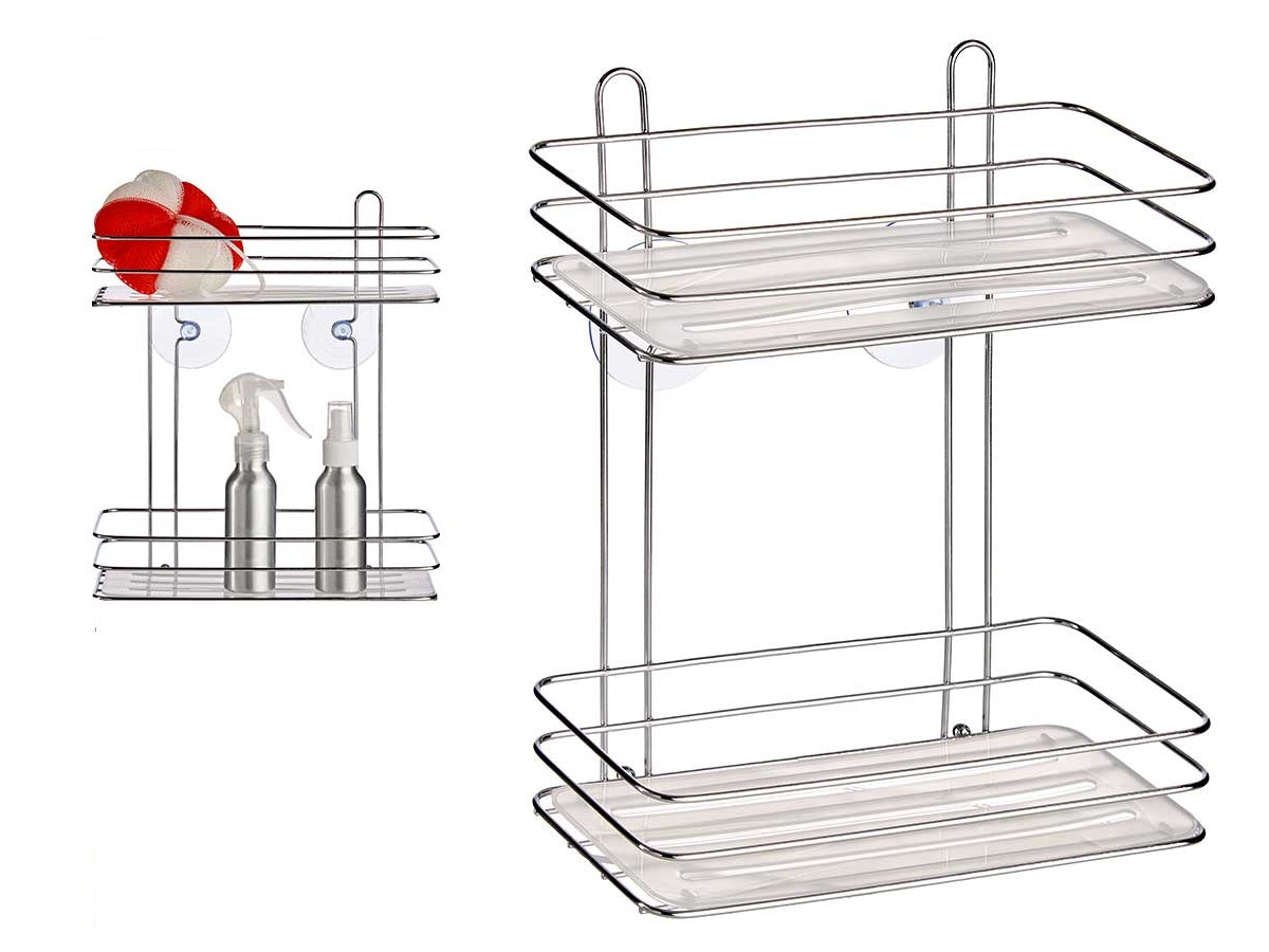 Mensola Bagno 2Piani in Acciaio Cromato Montaggio Fisher o Ventosa 12x26 H30cm