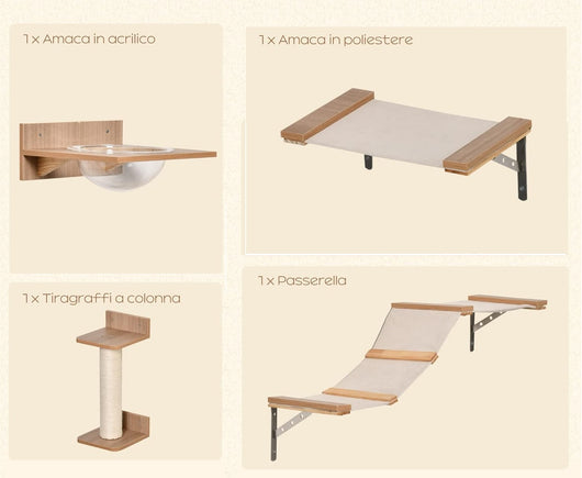 Tira graffi da Parete, Set 4 Pezzi con Amache, Colonna e Passerella in Legno (Marrone)