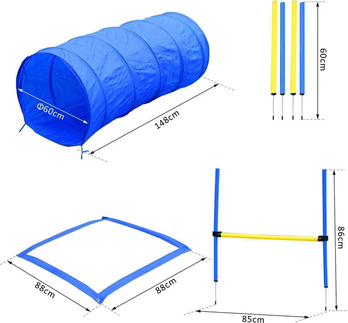 Gioco Cane con Tunnel Slalom e Ostacolo Set Agilità  Sacca Trasporto Blu Giallo