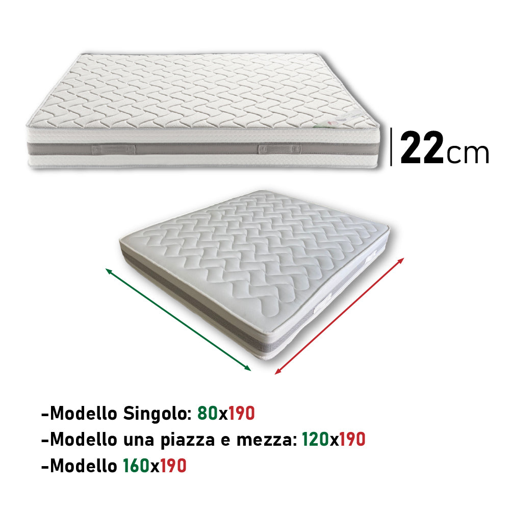 Materasso Memory Foam Antibatterico, Anallergico 2 Strati H22cm 160x190 cm