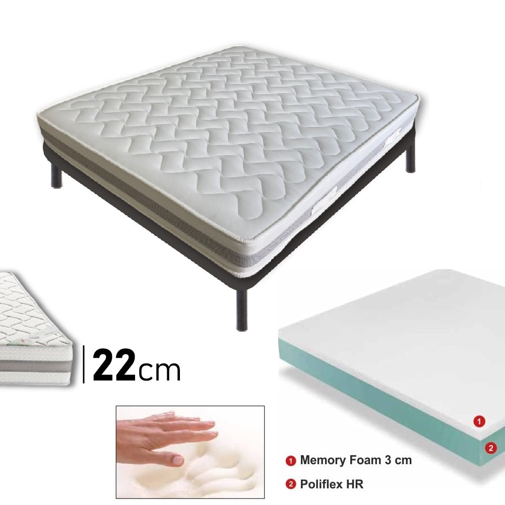 Materasso Memory Foam Antibatterico, Anallergico 2 Strati H22cm 160x190 cm