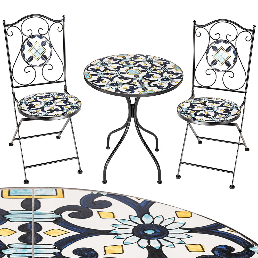 Set Tavolo e Sedie Pieghevoli Tavolino Design Mosaico Blu Arredo Esterno Giardino