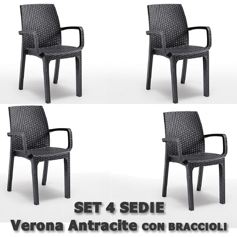 4 Poltrone Sedie Verona con Braccioli effetto rattan Antracite