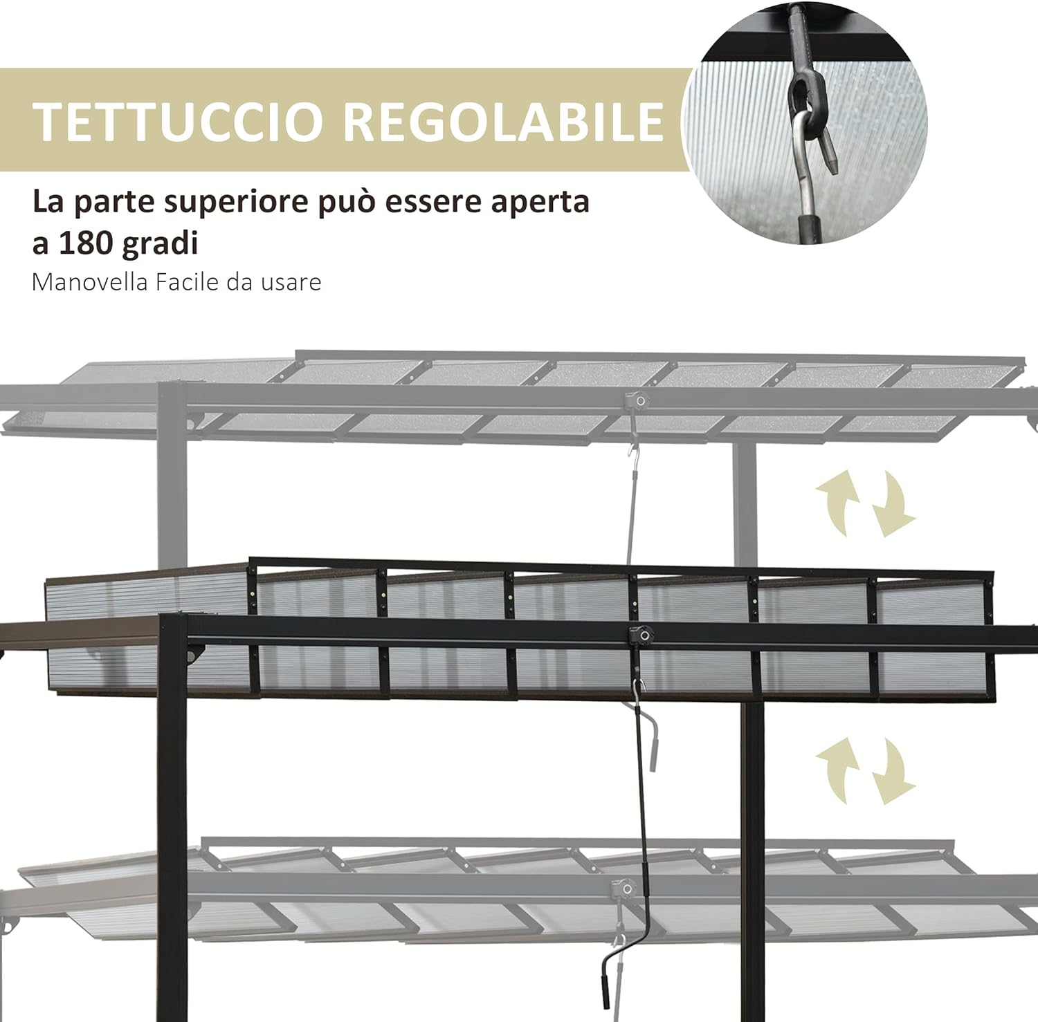 Pergola Gazebo Giardino Tetto Apribile a Manovella, Alluminio Grigio 3L x 3P x 2.25A