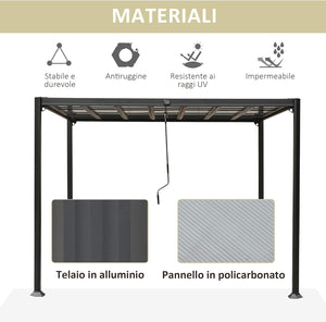 Pergola Gazebo Giardino Tetto Apribile a Manovella, Alluminio Grigio 3L x 3P x 2.25A