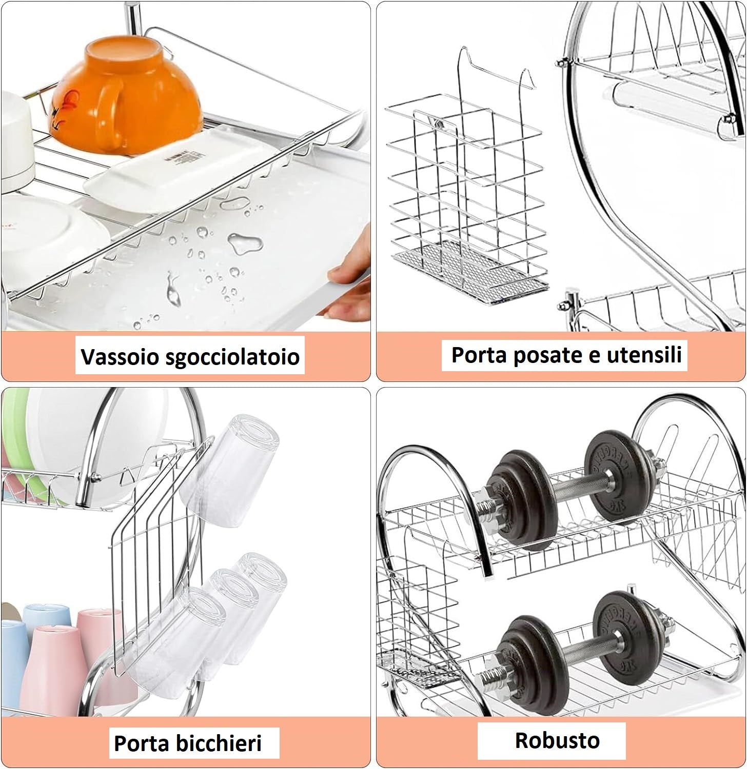 Scolapiatti 2 Livelli Metallo Cromato Vassoio grigio per Piatti Bicchieri Posate