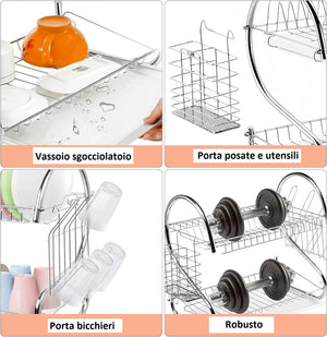 Scolapiatti 2 Livelli Metallo Cromato Vassoio grigio per Piatti Bicchieri Posate