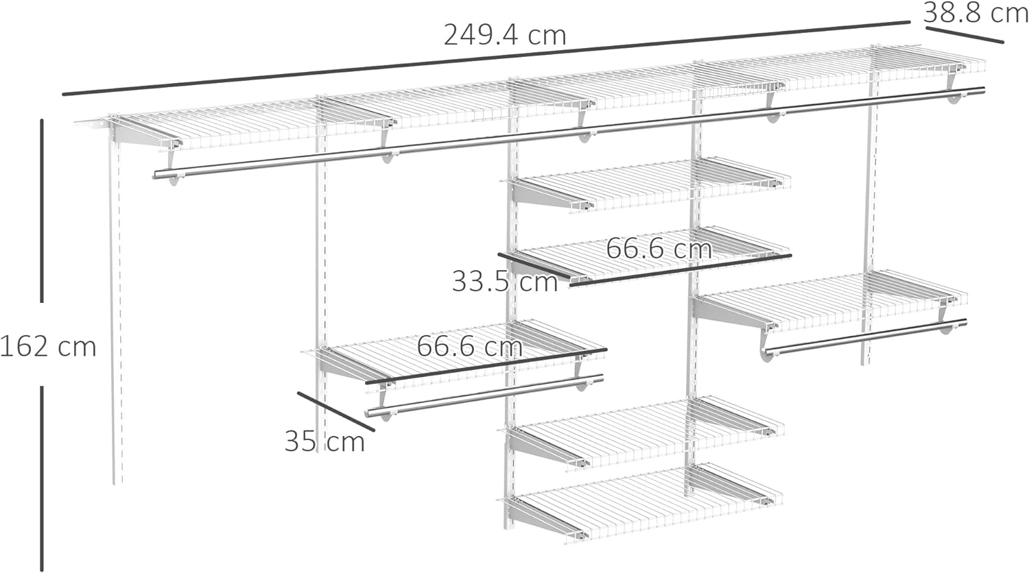 Organizer in Acciaio da Montare a Muro 9Ripiani Regolabili 5 Aste 249.4x38.8x162cm