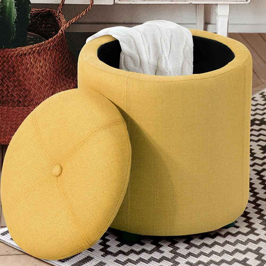 Pouf Contenitore Sgabello Cassapanca Poggiapiedi Tessuto Giallo 40x36cm Moderno