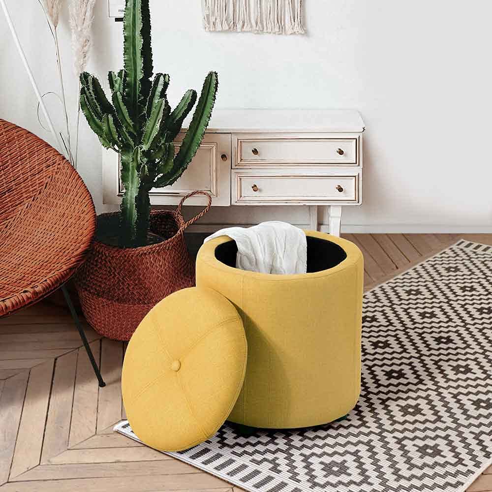 Pouf Contenitore Sgabello Cassapanca Poggiapiedi Tessuto Giallo 40x36cm Moderno