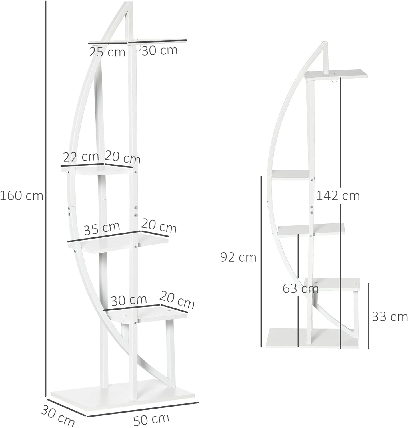 Porta Fiori 5 Livelli Interno ed Esterno 50x30 H 160 cm Metallo Mdf Bianco