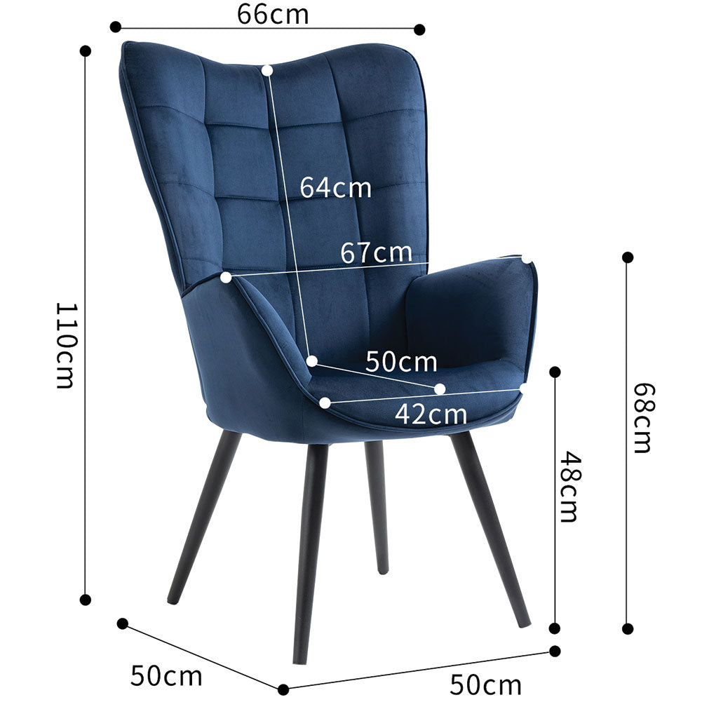 Poltrona da Casa Ufficio Blu in Velluto Sedia con Seduta Ergonomica e Braccioli