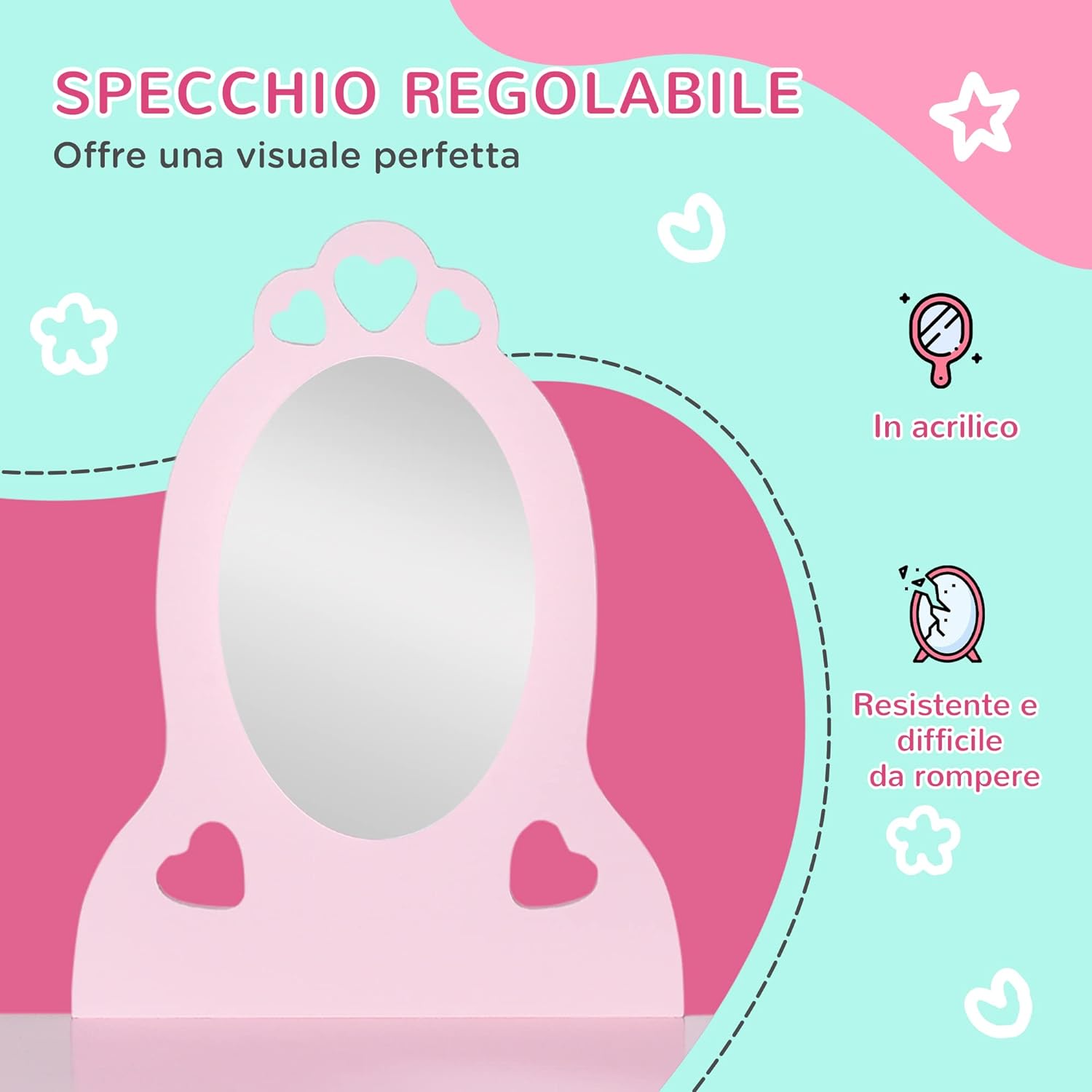 Tavolo Trucco per Bambini, Sgabello in Legno, Toeletta con Specchio 60x36x88cm, (Rosa)