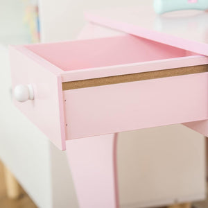 Tavolo Trucco per Bambini, Sgabello in Legno, Toeletta con Specchio 60x36x88cm, (Rosa)