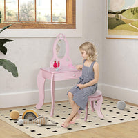 Tavolo Trucco per Bambini, Sgabello in Legno, Toeletta con Specchio 60x36x88cm, (Rosa)