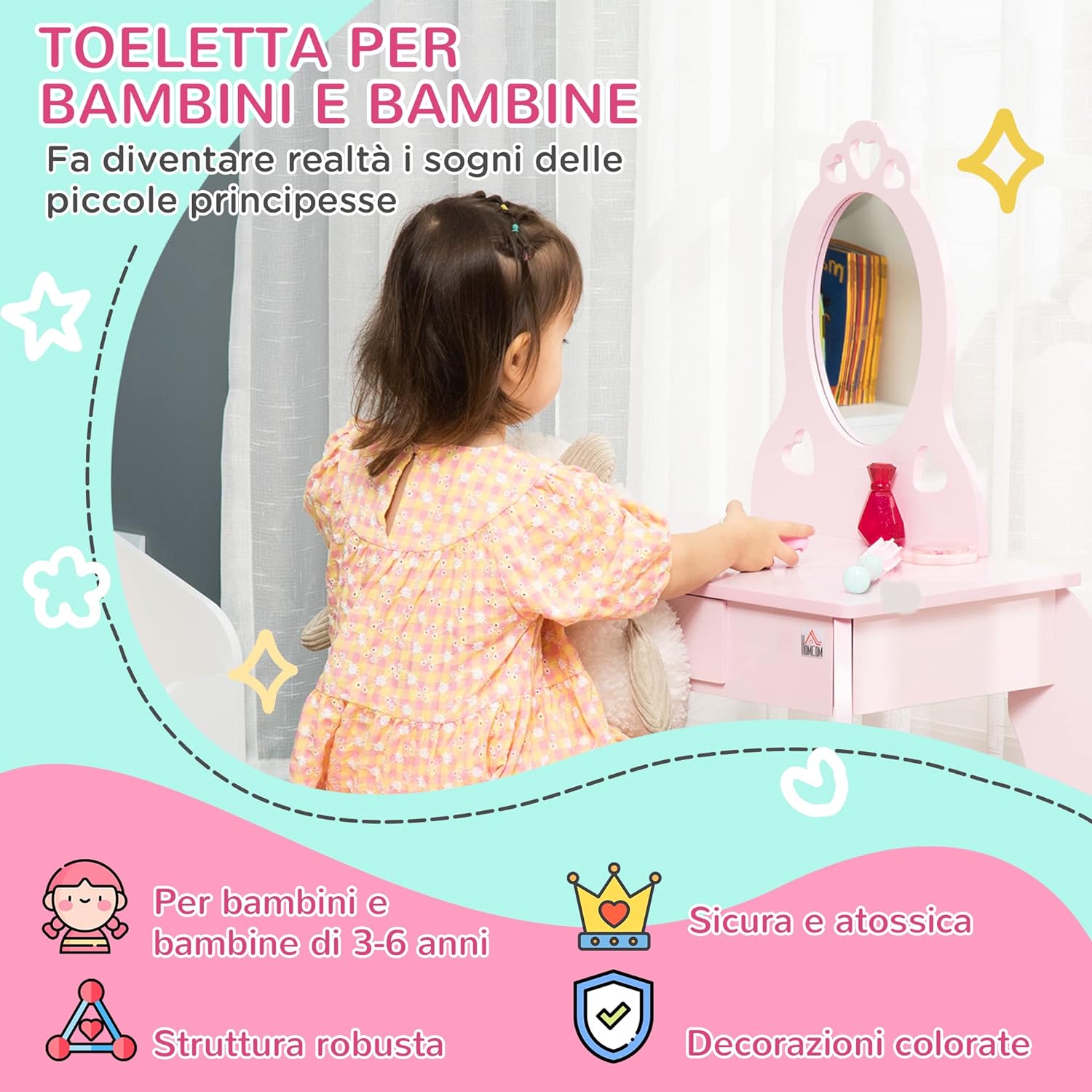 Tavolo Trucco per Bambini, Sgabello in Legno, Toeletta con Specchio 60x36x88cm, (Rosa)