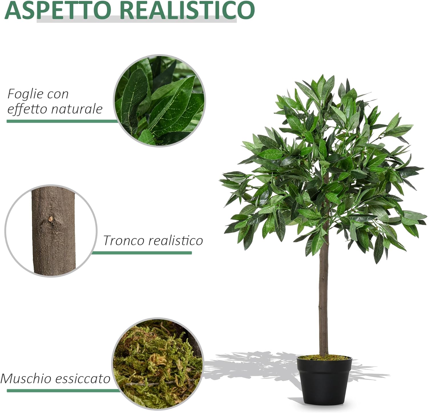 Set di 2 Alberi di Alloro in Vaso di Plastica Altezza 90cm per Interni ed Esterni Verde