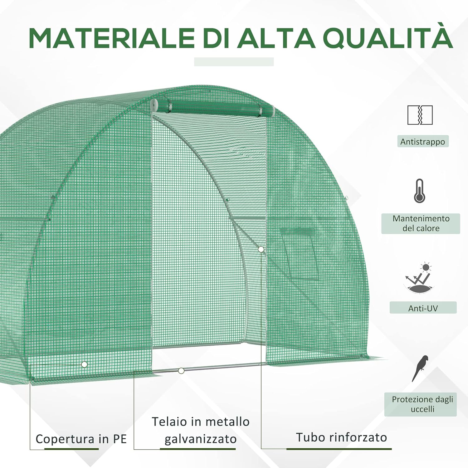 Serra a Tunnel per Orto 1.5x3x2m, Porta Avvolgibile e Finestre, con Copertura (Verde)