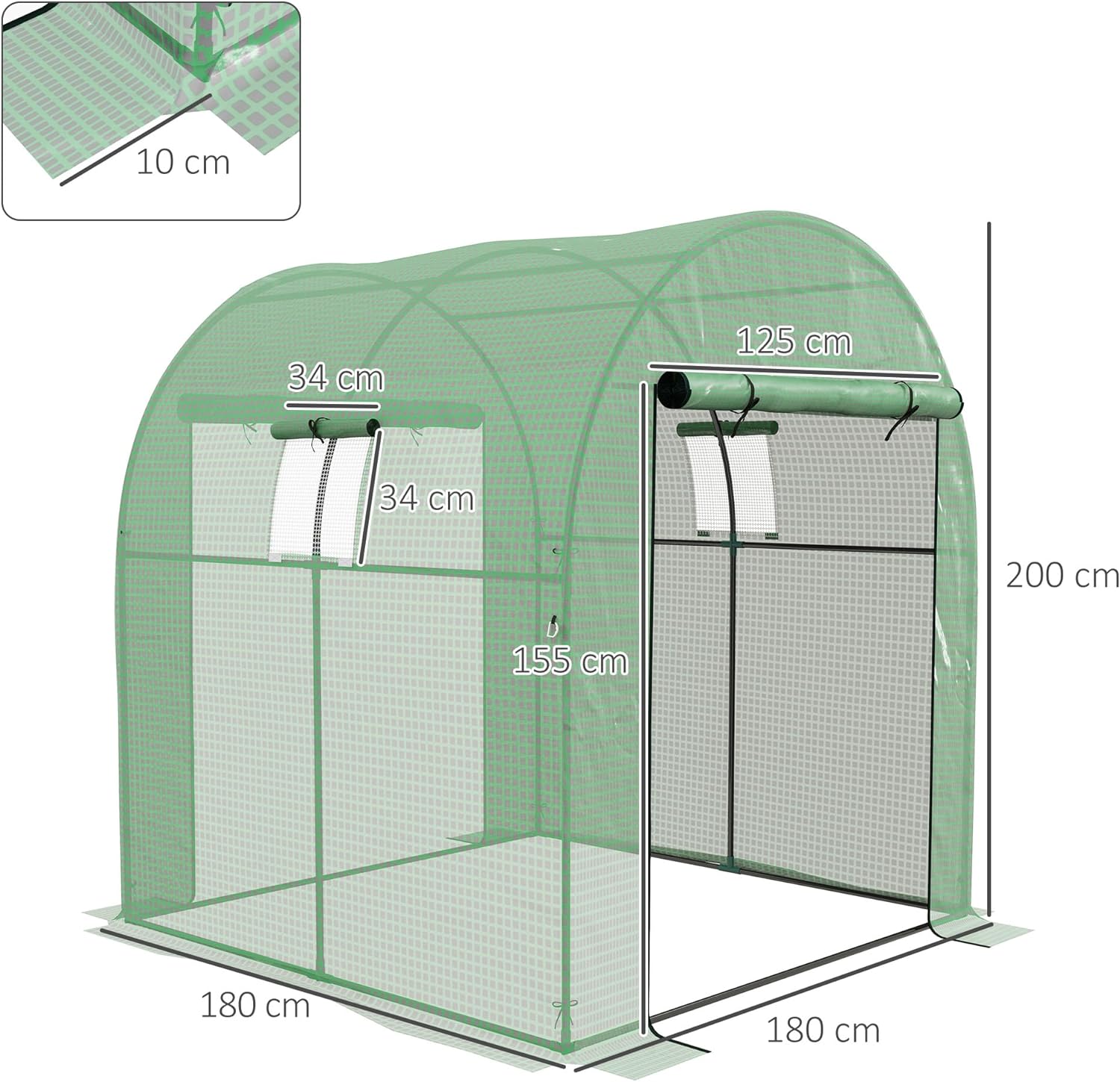 Serra a Tunnel per Orto 1.8x1.8x2m in Acciaio, Anti UV con Porte Avvolgibili e Finestre, (Verde)