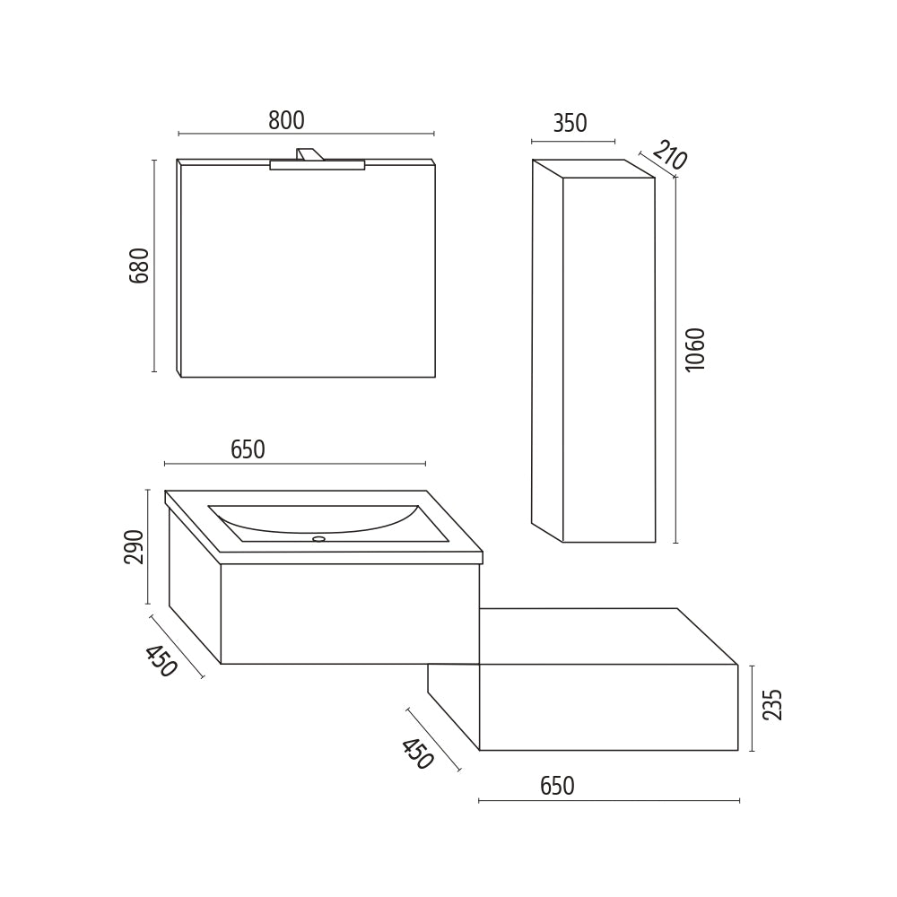 Mobile da bagno sospeso wonder cenere con lavabo specchio e pensile