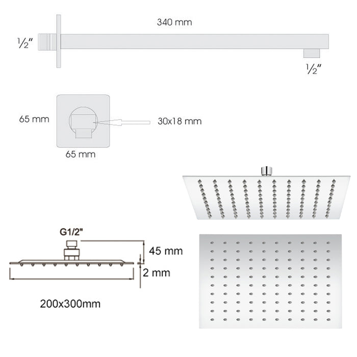 Soffione doccia rettangolare ultraslim 30x20 cm con  braccio doccia in acciaio inox lucidato di Ares