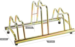 ANDRYS - Rastrelliera Portabici a Pavimento da Esterni e Interni con Tappi in PVC Nero, in Acciaio Zincato a Freddo, Colore Tropical Oro, 77 x 42 x 42 cm, 3 Posti