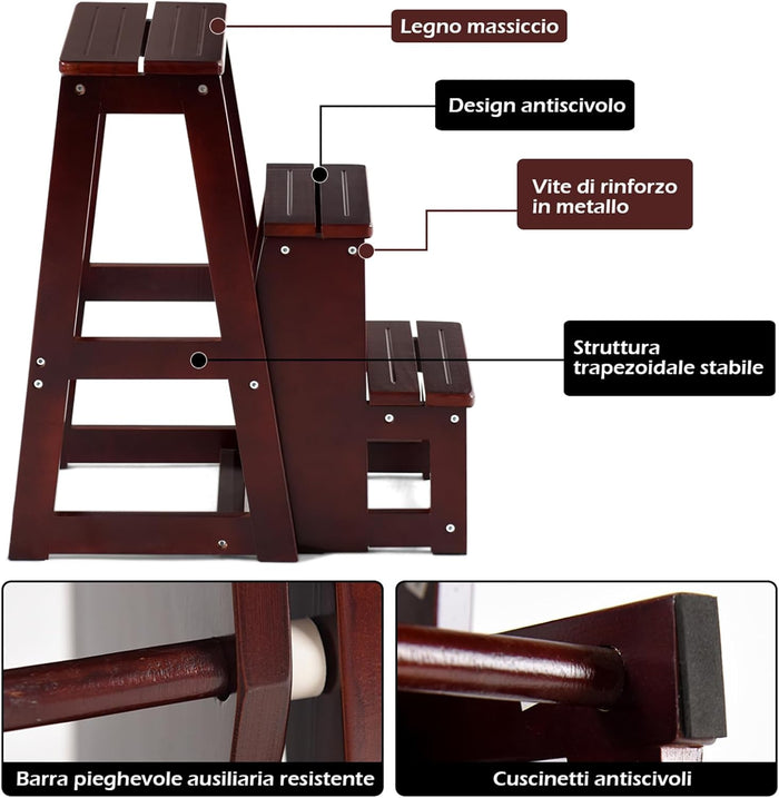 Sgabello Scaletta 3 Gradini in Legno di Pino, Sgabello Scala Pieghevole Salvaspazio, Scaletta 3 Gradini a Ribalta, Capacità Portante 150 kg, 57 x 38,5 x 66cm (Noce Scuro)