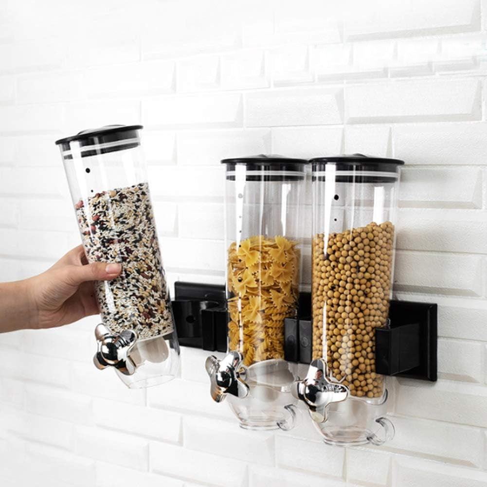 Porta Cereali da Muro 3Posti Dispenser Triplo Distributore Manuale Nero Casa Hotel