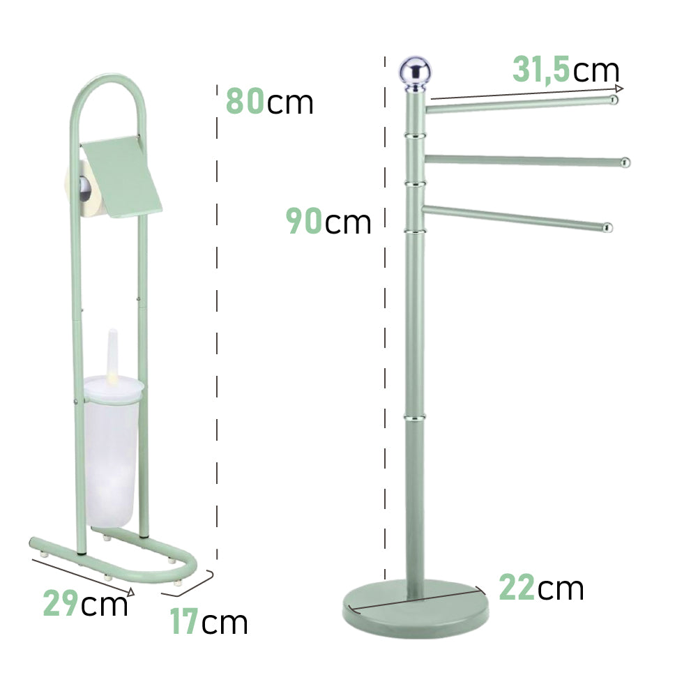 Piantane da Bagno kit 2pz Portarotolo, Porta scopino e Porta Asciugamani a 3 Bracci Verde