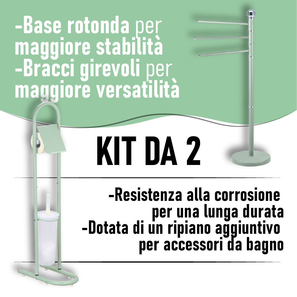 Piantane da Bagno kit 2pz Portarotolo, Porta scopino e Porta Asciugamani a 3 Bracci Verde