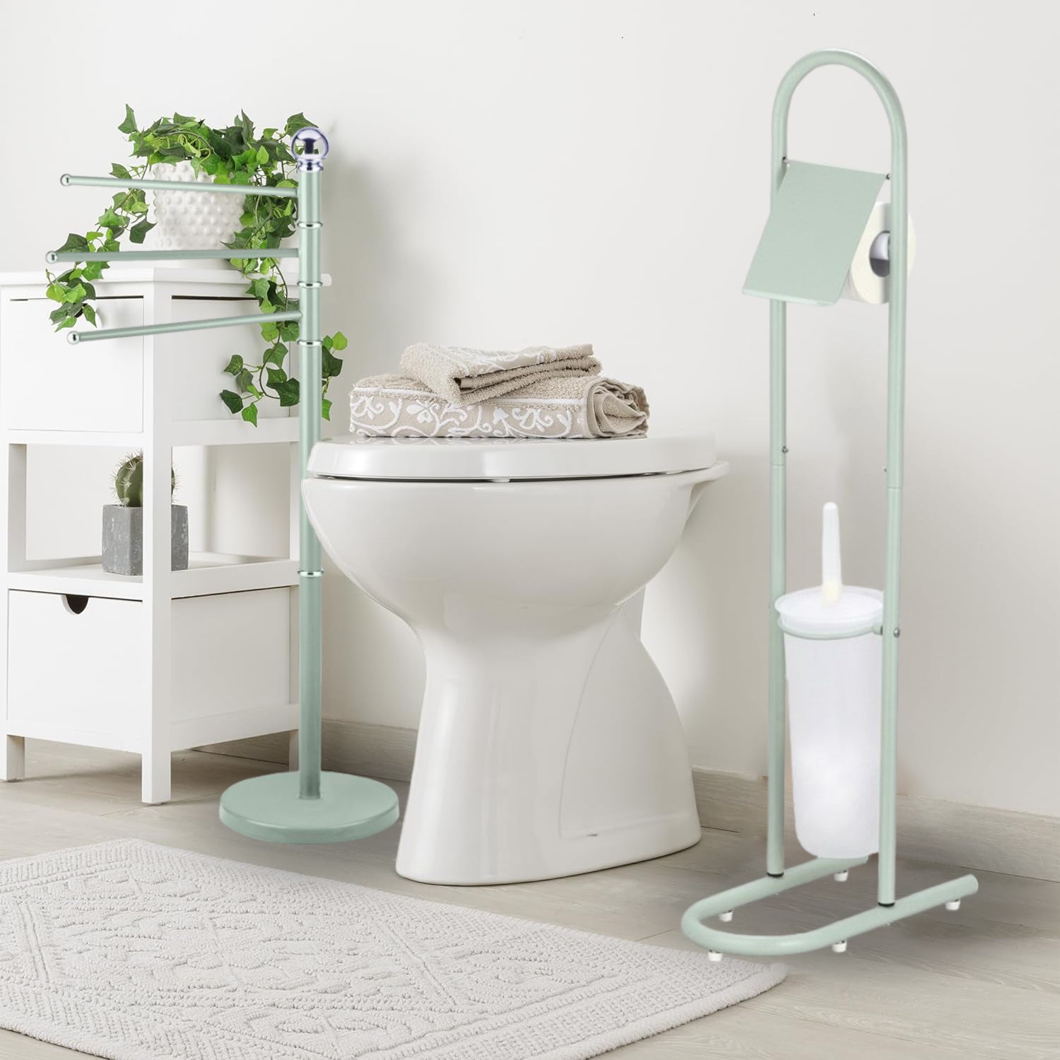 Piantane da Bagno kit 2pz Portarotolo, Porta scopino e Porta Asciugamani a 3 Bracci Verde