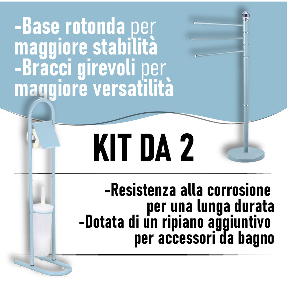 Piantane da Bagno kit 2pz Portarotolo Porta scopino Porta Asciugamani 3 Bracci Blu mare