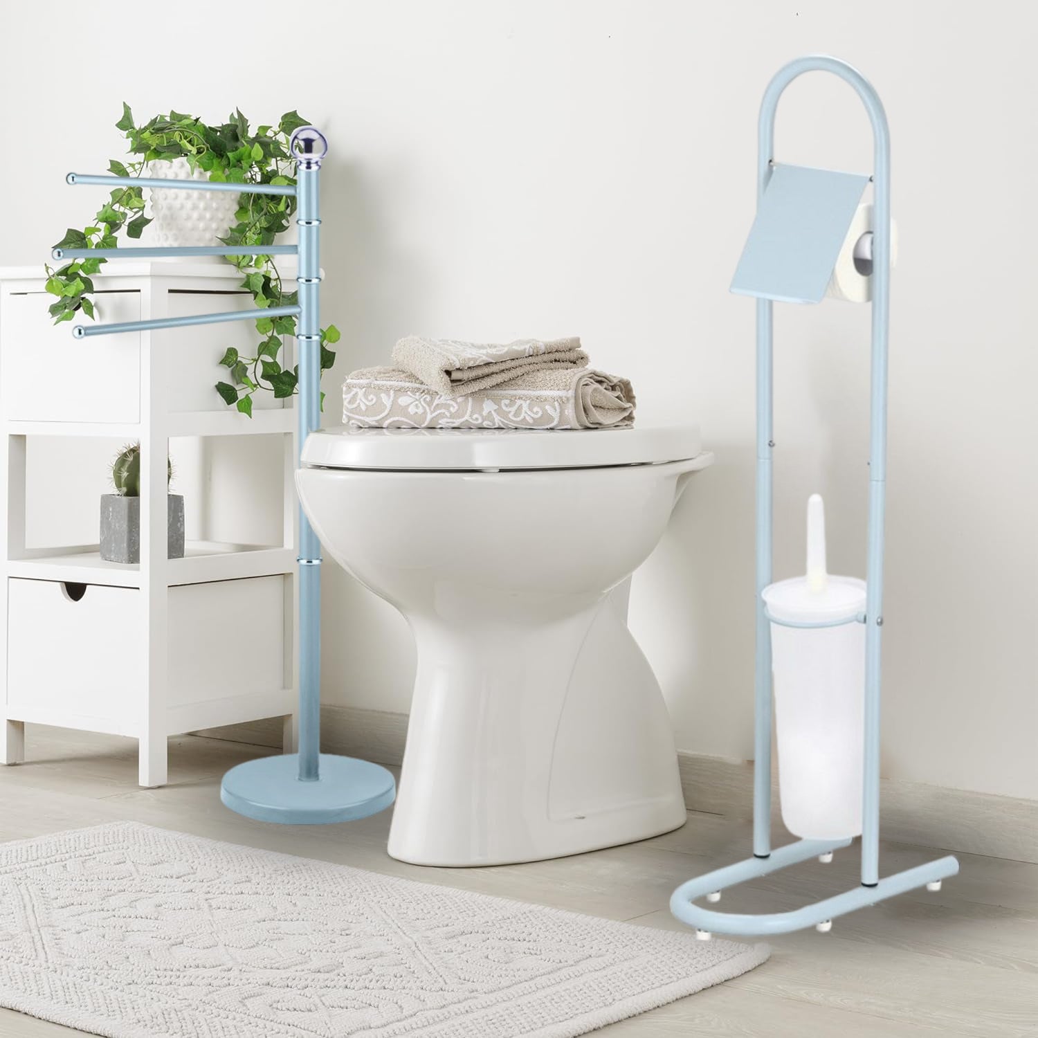 Piantane da Bagno kit 2pz Portarotolo Porta scopino Porta Asciugamani 3 Bracci Blu mare