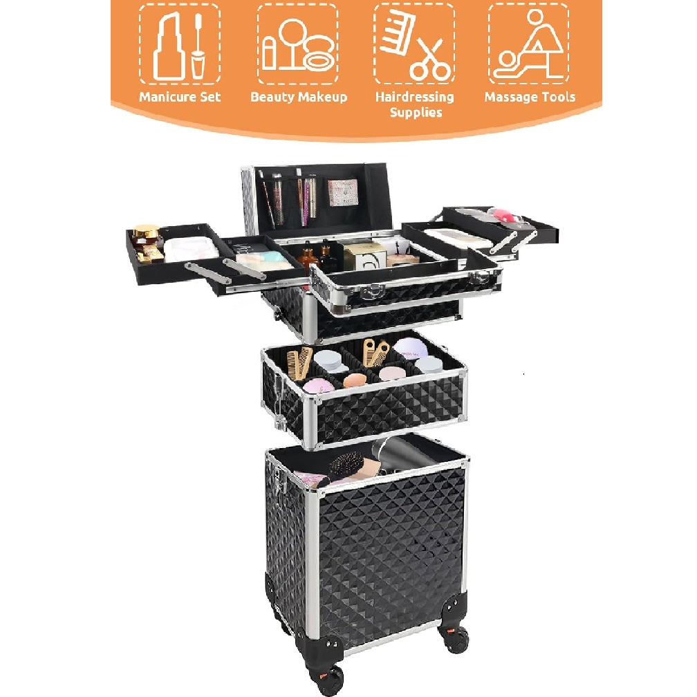 Trolley Professionale 3in1 Makeup Estetista Beauty Case con Ruote Staccabili 4 scomparti