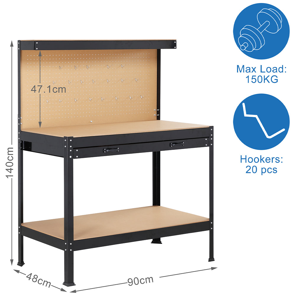 Banco da Lavoro Officina Porta Utensili da Parete Ganci e Cassetti 90x48x140cm