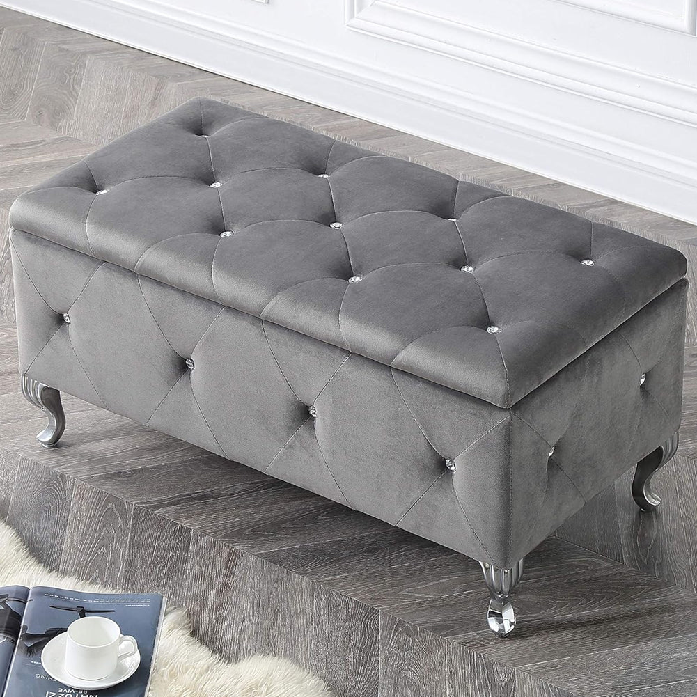 Cassapanca Pouf Contenitore Panca Sgabello in Velluto Grigio con Piedini Metallo