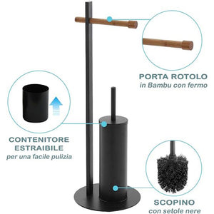 Piantana porta rotolo e scopino bagno in bamboo e acciaio nero ø22xh.67 cm